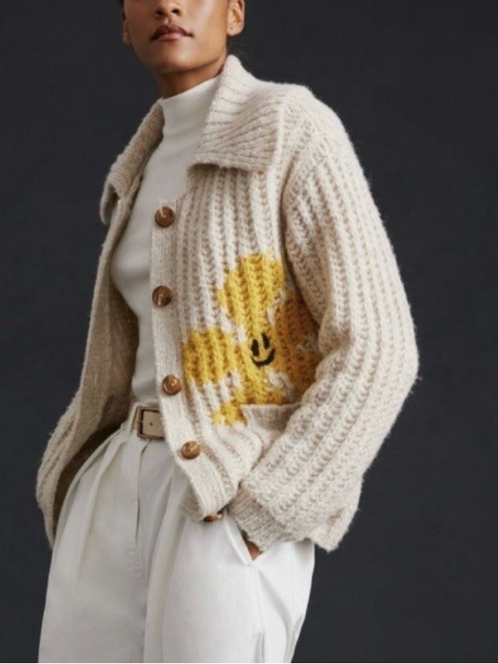 Anthropologie Pilcro Flower Cardigan Sweater size medium chunky knit wool blend